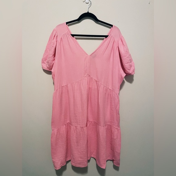 Gap pink crinkle gauze puff sleeve tiered mini dress - Picture 2 of 8